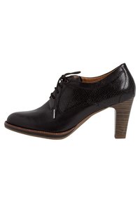 Černé kožené dámské společenské boty s tkaničkami, texturovanými bočními panely a středně vysokým podpatkem z vrstveného dřeva.