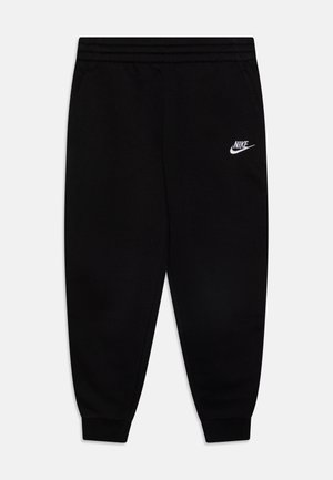 Sorte Nike joggebukser med elastisk liv, sidelommer og en hvit logo på øvre venstre bein. Laget av myk, strukturert stoff.