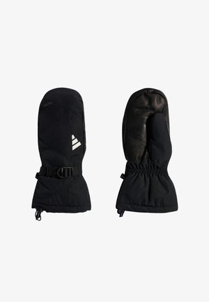 Czarne ocieplane rękawice z regulowanymi paskami na nadgarstki i teksturowanymi skórzanymi chwytami na dłoniach, zaprojektowane do ochrony przed zimnem.