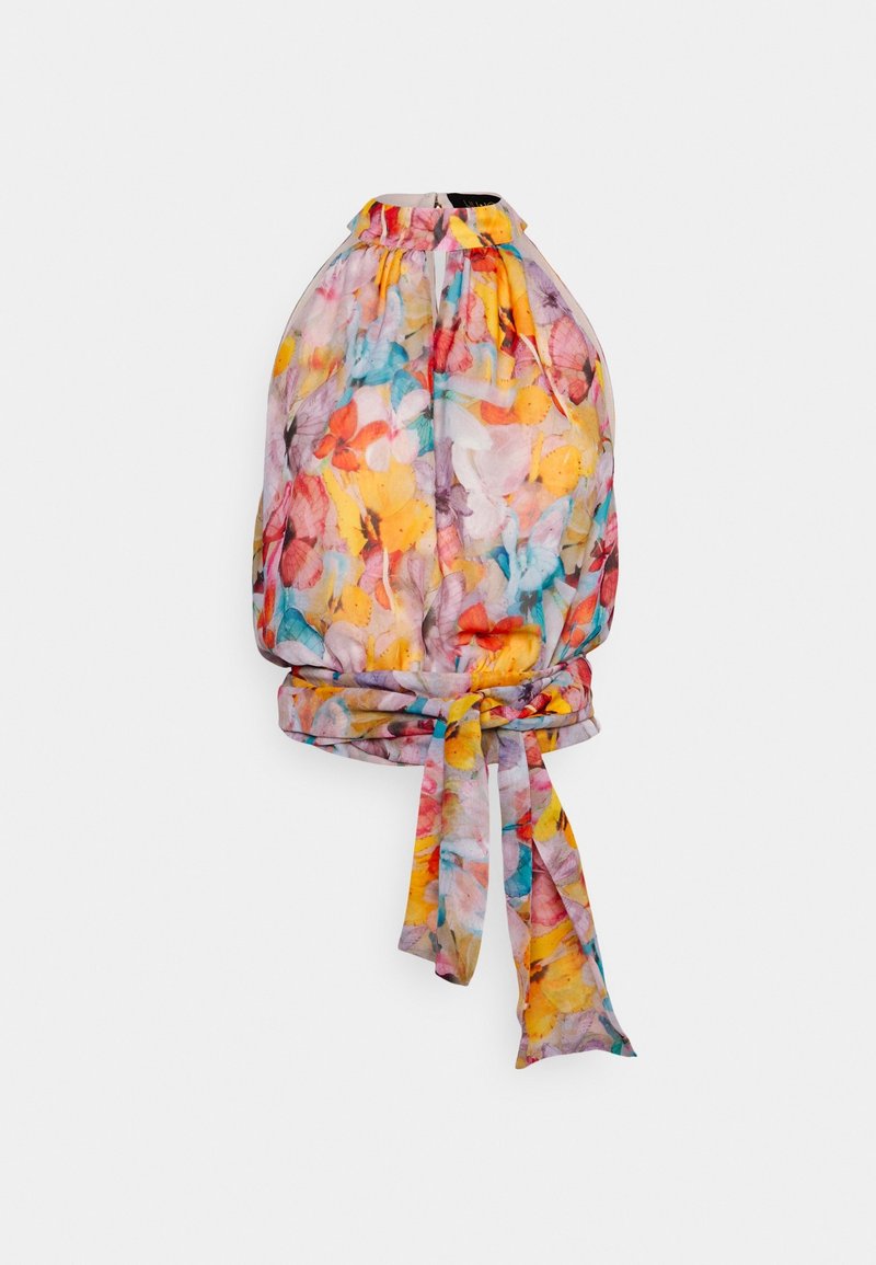 Blumenschal aus leichtem, durchscheinendem Stoff mit leuchtenden Farben wie Gelb, Pink und Blau, mit einem gebundenen Knoten zur Sicherung.