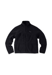 Schwarze Fleecejacke mit hohem Kragen, durchgehendem Reißverschluss, zwei Fronttaschen und dezentem Branding auf der linken Brust. Weiches, strukturiertes Material.