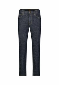 Vaqueros de mezclilla azul oscuro con corte recto. Presentan cinco bolsillos, costuras amarillas, un cierre de botón metálico y un ligero desgaste.