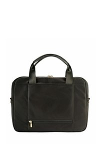 Czarna torba na laptopa z tkaniny z dwoma uchwytami u góry, zamknięciem na zamek błyskawiczny oraz przednią kieszenią. Gładka faktura z akcentami w kolorze złotym.