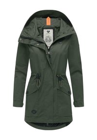 Oliwkowy parka z zamkiem i zatrzaskami, z regulowanym ściągaczem w talii, dwoma przednimi kieszeniami i dużym, odpinanym kapturem.