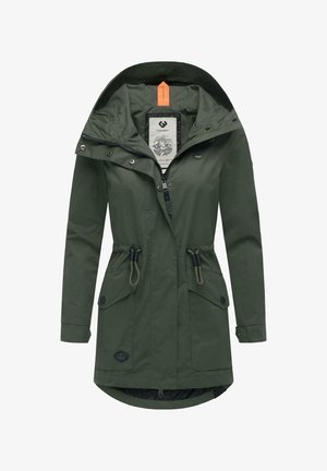 Oliwkowy parka z zamkiem i zatrzaskami, z regulowanym ściągaczem w talii, dwoma przednimi kieszeniami i dużym, odpinanym kapturem.