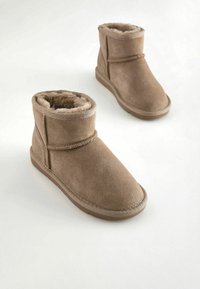 Bottines en suede marron avec une doublure en fourrure douce, un talon bas et une conception à hauteur de cheville. Présente des accents cousus et une semelle en caoutchouc durable.