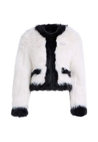 White and black faux fur cropped jacket with long sleeves, front pockets, and black accents, featuring a textured, plush finish.