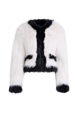White and black faux fur cropped jacket with long sleeves, front pockets, and black accents, featuring a textured, plush finish.