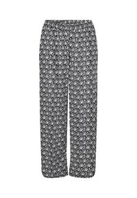 Black and white patterned pants featuring an elastic waistband, loose fit, and geometric leaf design throughout the fabric.
