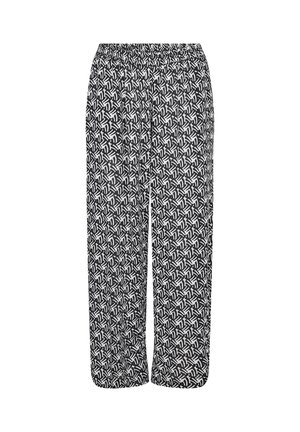 Pantalon noir et blanc à motifs, avec une taille élastique, une coupe ample et un design géométrique de feuilles sur tout le tissu.