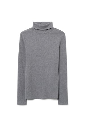 Pull gris côtelé à col roulé avec manches longues, doté d'un col plié et d'un ourlet droit. Fabriqué en tissu texturé.