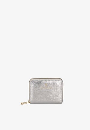Silver textured leather wallet with gold zipper and Braccialini logo embossed on the front center.