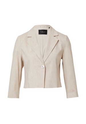 Beige verkürzter Blazer mit strukturierter Oberfläche, Reverskragen und einem weißen Knopfverschluss. Mit Dreiviertelärmeln.