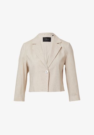 Beige cropped blazer met een gestructureerde afwerking, met notch-lapels en een enkele witte knoopsluiting. Beschikt over driekwartlengte mouwen.