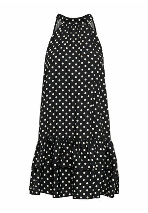 Vestido negro sin mangas con lunares blancos, cuello alto y bajo con volantes, diseñado para un uso casual o semi-formal.