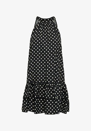 Musta hihaton mekko, jossa valkoiset pallokuvat, korkea kaulus ja röyhelöinen helma, suunniteltu arkikäyttöön tai puoli muodolliseen käyttöön.