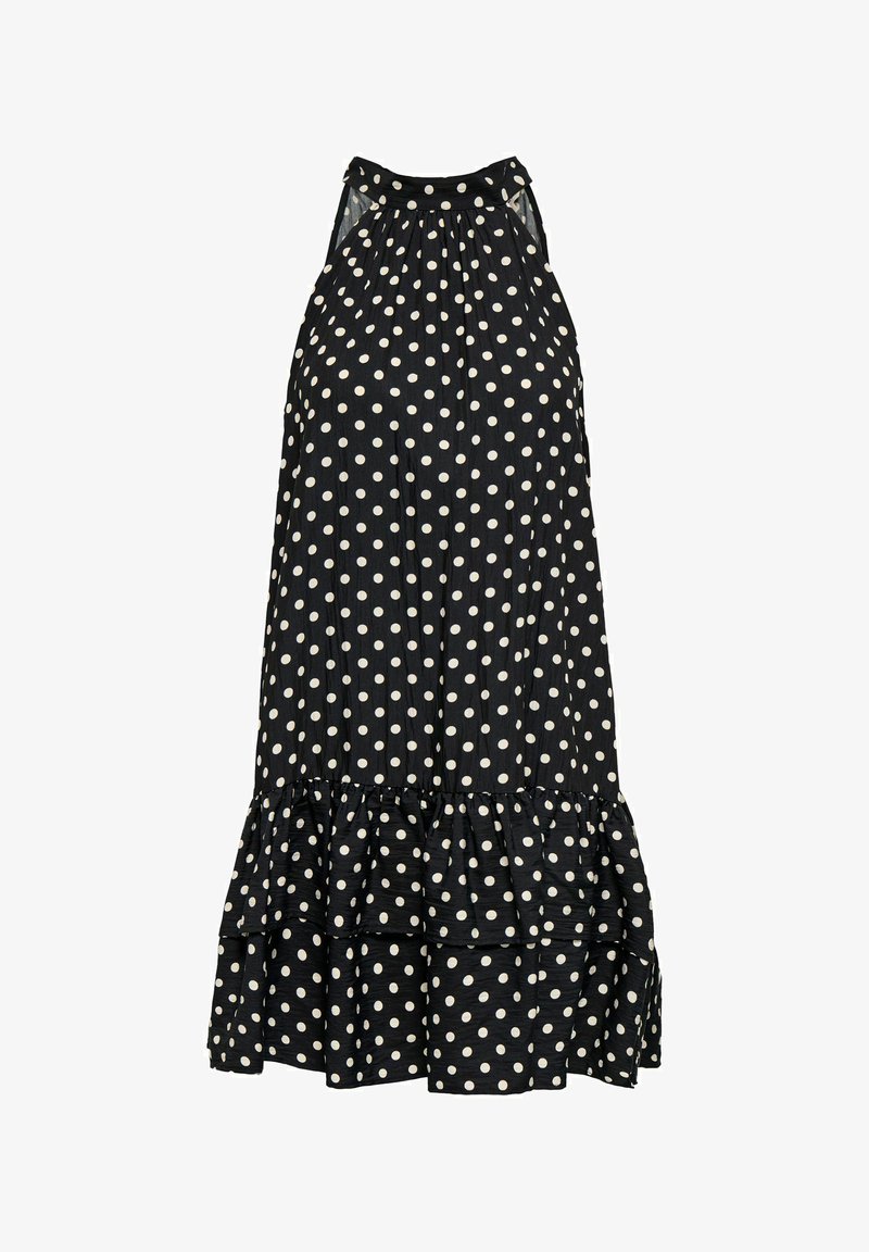 Robe noire sans manches à pois blancs, col haut et ourlet volanté, conçue pour une tenue décontractée ou semi-formelle.