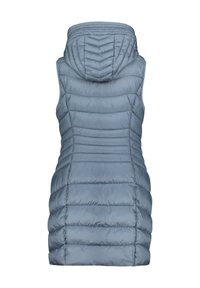Isolerad ärmlös väst i ljusblått, med huva, vadderat mönster och en slät, glänsande tygkänsla. Bakview visar vertikala sömmar.
