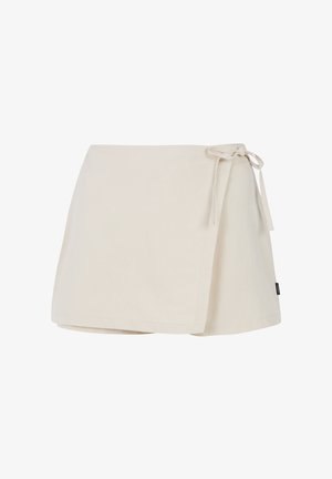 Beige Leinen Wickelrock mit einer Bindeschließe in der Taille. Er hat einen geraden Schnitt und eine glatte Textur. Keine sichtbaren Muster oder Beschläge.