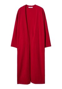 Cardigan rouge long à ouverture avant, à manches longues, posé à plat sur un fond blanc.