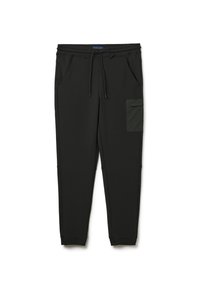 Schwarze Sweatpants aus weichem Stoff verfügen über einen elastischen Bund mit Kordelzug, Seitentaschen und eine grüne Cargotasche am rechten Oberschenkel.