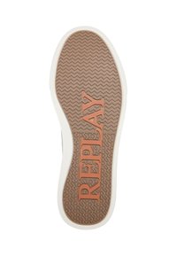 Semelle de chaussure avec motif de bande de roulement en zigzag, avec un grand texte "REPLAY" et de plus petits logos "R" répétitifs en tons marron et beige.