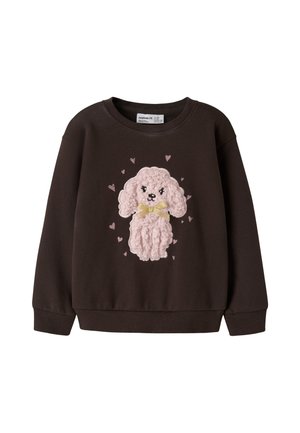 Sweat-shirt enfant marron foncé avec un caniche rose duveteux portant un nœud jaune et de petits cœurs roses autour.