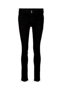 Sorte skinny jeans laget av denim, med middels høyde på livet, to frontlommer, to baklommer og knappeåpning med sølvfarget maskinvare.