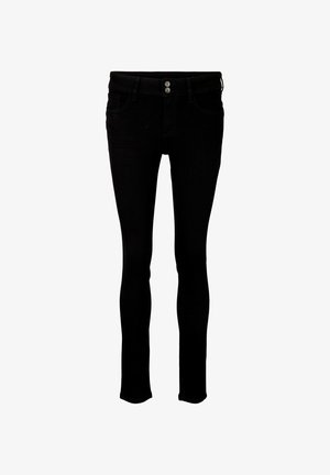 Zwarte skinny jeans van denim, met een middelhoge taille, twee voorzakken, twee achterzakken en een knoopsluiting met zilverkleurige hardware.
