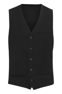 Schwarze Weste mit V-Ausschnitt, fünf Knöpfen und zwei Vordertaschen. Aus glattem Stoff mit minimalistischem Design und ohne sichtbare Muster.
