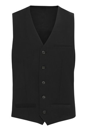 Schwarze Weste mit V-Ausschnitt, fünf Knöpfen und zwei Vordertaschen. Aus glattem Stoff mit minimalistischem Design und ohne sichtbare Muster.