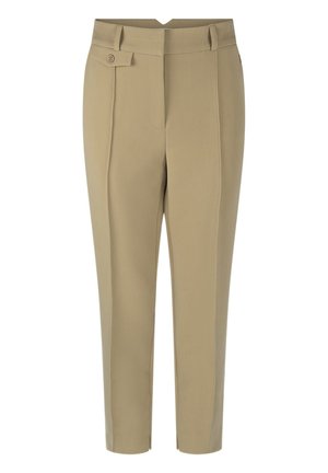 Beige op maat gemaakte broeken met een vlakke voorkant, zijzak en een knoopdetail. Rechthoekige pijpenontwerp met een gladde textuur en zonder zichtbare patronen.