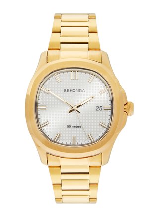Montre-bracelet Sekonda en acier inoxydable doré avec cadran texturé blanc, index horaires dorés, guichet de date à 3 heures et résistance à l'eau jusqu'à 50 mètres.