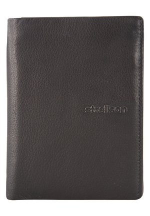 Schwarze Ledergeldbörse mit strukturiertem Finish. Mit geprägtem „Strellson“-Logo auf der Vorderseite, schlankem rechteckigen Format und genähten Kanten.