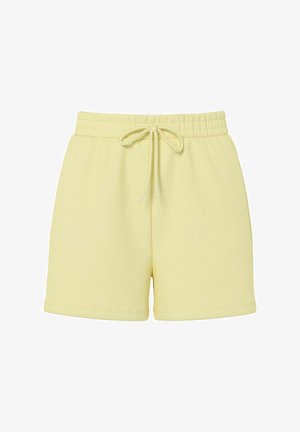 Pantaloni scurți cu talie elastică galbenă, șnur frontal reglabil și tiv drept, expuși pe un fundal alb.