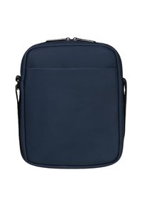 Borsa a spalla rettangolare compatta blu navy con scomparto principale con zip e tracolla regolabile, progettata per l'uso quotidiano.