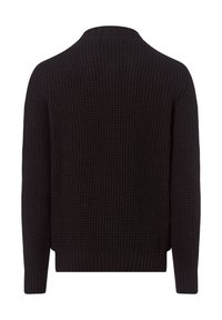 Zwarte gebreide trui met een gestructureerd patroon, geribde manchetten en zoom; ontwerp met ronde hals. Heeft een comfortabele pasvorm en een effen kleur.