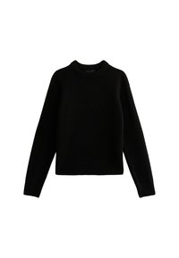 Maglione nero in lana con scollo a girocollo, maniche lunghe e vestibilità comoda. Presenta una texture morbida e un design minimalista senza decorazioni.