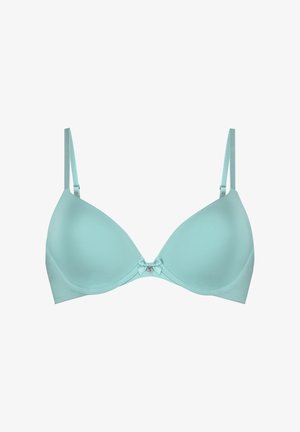 Helles blaues Push-up-Bra mit glatter Textur, verstellbaren Trägern und einer mittigen Schleifendetail. Das Unterdraht-Design verbessert die Form und Unterstützung.