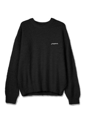 Black, fluffy knit sweater with a rounded neckline and long sleeves. Features a small white logo on the left side. Soft texture.