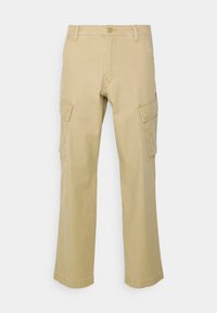 KHAKI cargo kalhoty vyrobené z bavlny, s dvěma bočními kapsami, rovnými nohavicemi a zapínáním na knoflík. Hladká textura, minimalistický design.
