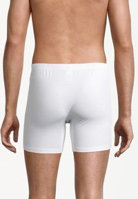 Shorts en coton blancs, avec une taille élastique, design ajusté, texture lisse, et sans motifs ni accessoires visibles, vus de l'arrière.