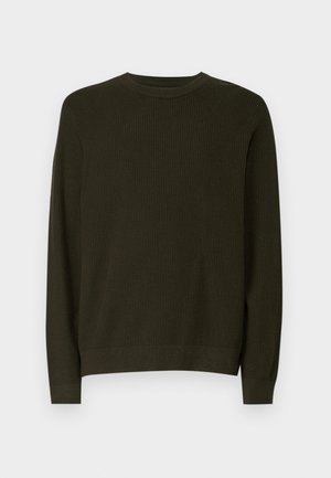 Dunkelgrüner Strickpullover, runder Ausschnitt, lange Ärmel, mit gerippter Textur und schmalem Saum. Schlichtes Design, keine sichtbaren Muster oder Akzente.