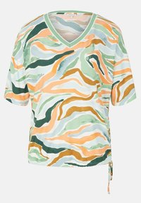 Top à manches courtes col V avec un motif ondulé abstrait vert, orange, blanc et marron et un détail noué sur le côté à l'ourlet.