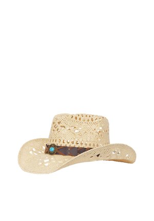 Chapeau de cow-boy en paille tressée avec un bord incurvé et une bande en cuir marron ornée d'une pierre turquoise et de coutures décoratives.