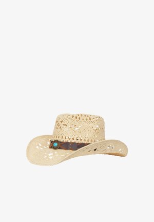 Vævet strå cowboyhat med buet skygge og en brun læderrem med en turkis sten og dekorative syninger.