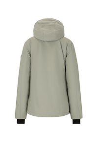 Hellgraue Jacke mit Kapuze, die eine glatte Textur, elastische Bündchen und ein minimalistisches Design aufweist. Die Rückansicht zeigt klare Linien und Nähte.