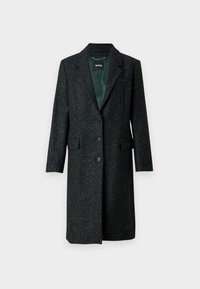 Dlouhý tmavě zelený kabát s texturovanou tkaninou připomínající tvíd, zapínáním na jeden knoflík, klopovým límcem a bočními kapsami. Podšitý uvnitř.