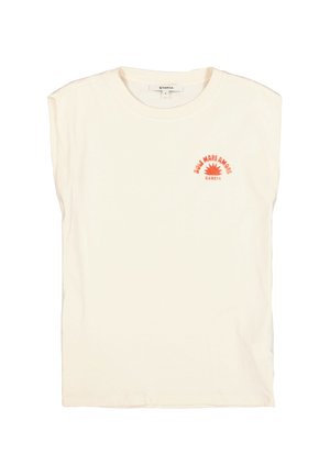 T-shirt sans manches écru, en coton, col rond, avec un petit motif de soleil orange accompagné du texte "SOL MARE AMORE" et la marque "Garcia" imprimés.