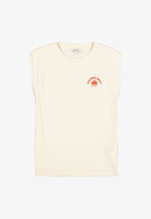 Off-white mouwloze T-shirt, gemaakt van katoen, met een ronde hals, voorzien van een kleine oranje zonafbeelding met de tekst "SOL MARE AMORE" en het merk "Garcia" gedrukt.
